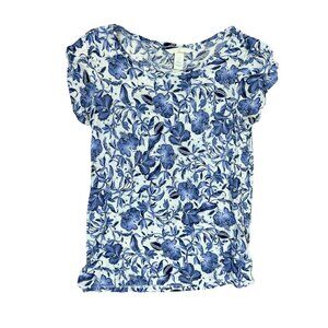 H&M Blue Floral Cap Sleeve Blouse Women Small